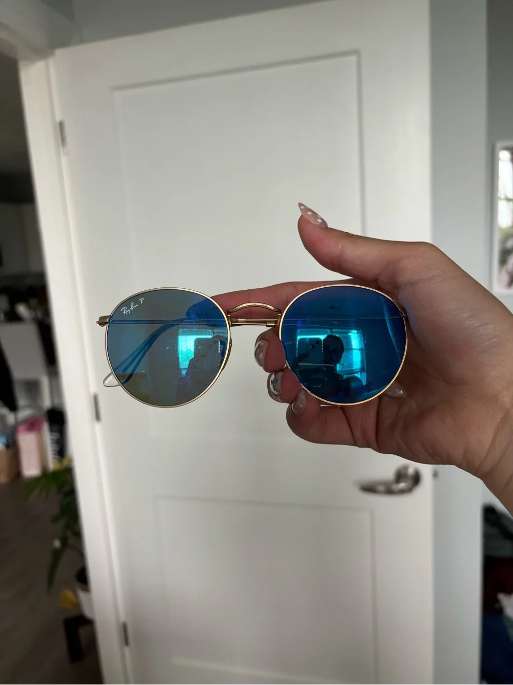 Ray-Ban Gold Frame Sunglasses with Blue Mirrored Lenses